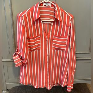 Pink, striped button down Express blouse.